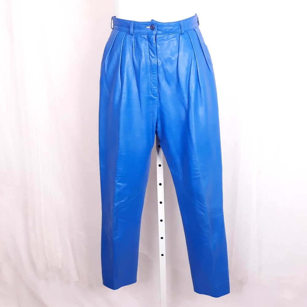 VINTAGE Vakko High-Rise Leather Pant S 4-6 Bright Blue